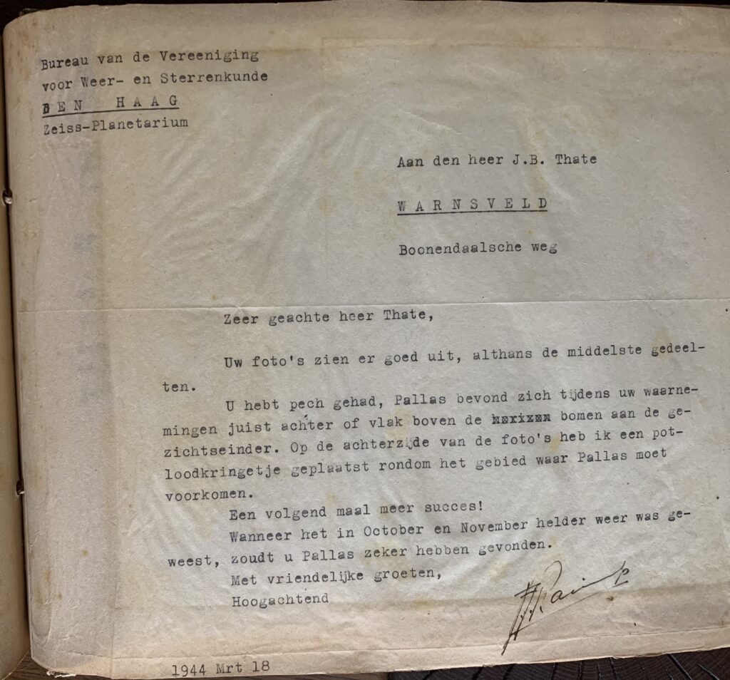 Brief uit 1944 van het Bureau van de Vereeniging voor Weer- en Sterrenkunde, het Zeiss-planetarium in Den Haag